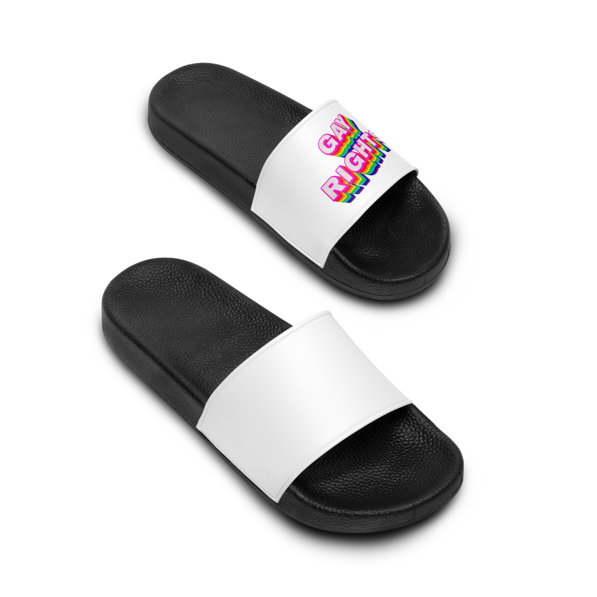 Rainbow Word Gay Rights Typography Design Element Mens Slide Sandals - Image 4