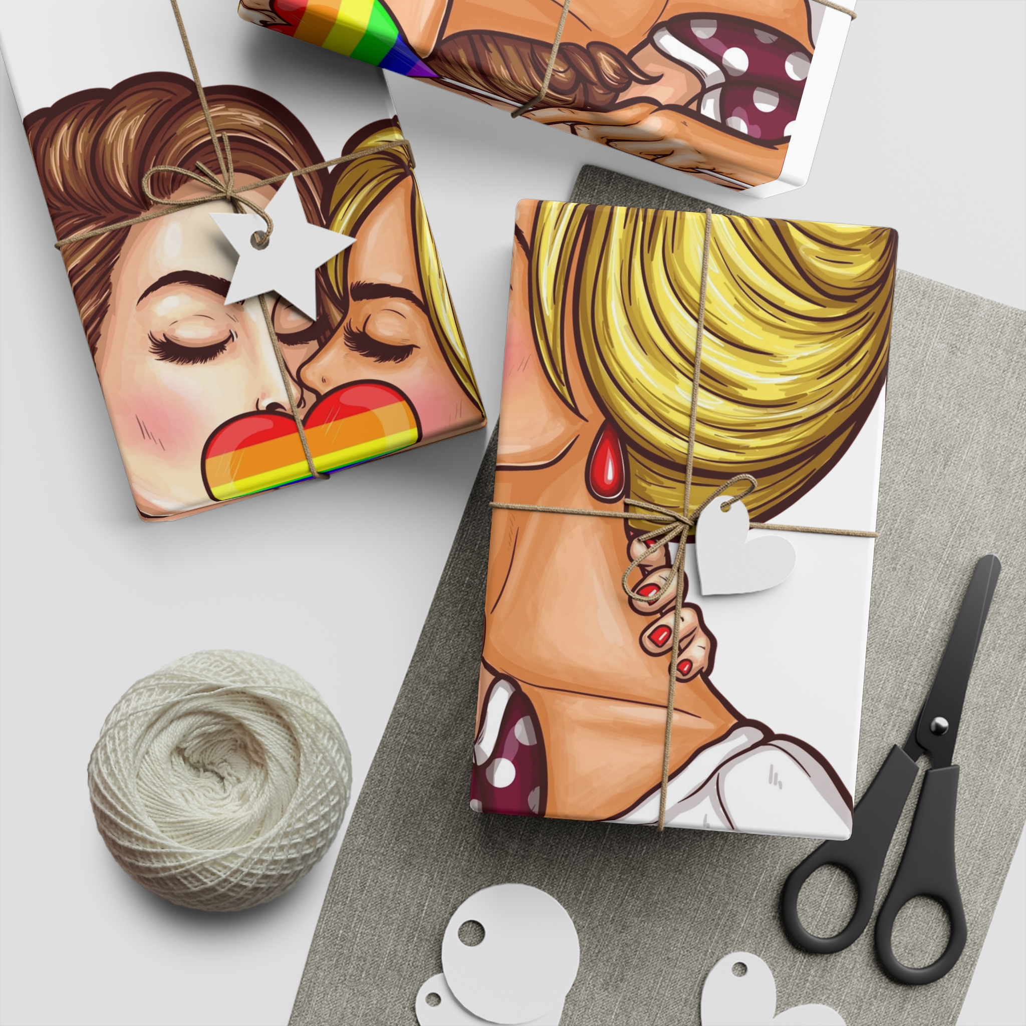 Vector Pop Art Lesbian Couple Kissing Covering Their Lips With Sign Stick Form Rainbow Heart Gift Wrapping Paper Sheets 1pc - Image 2
