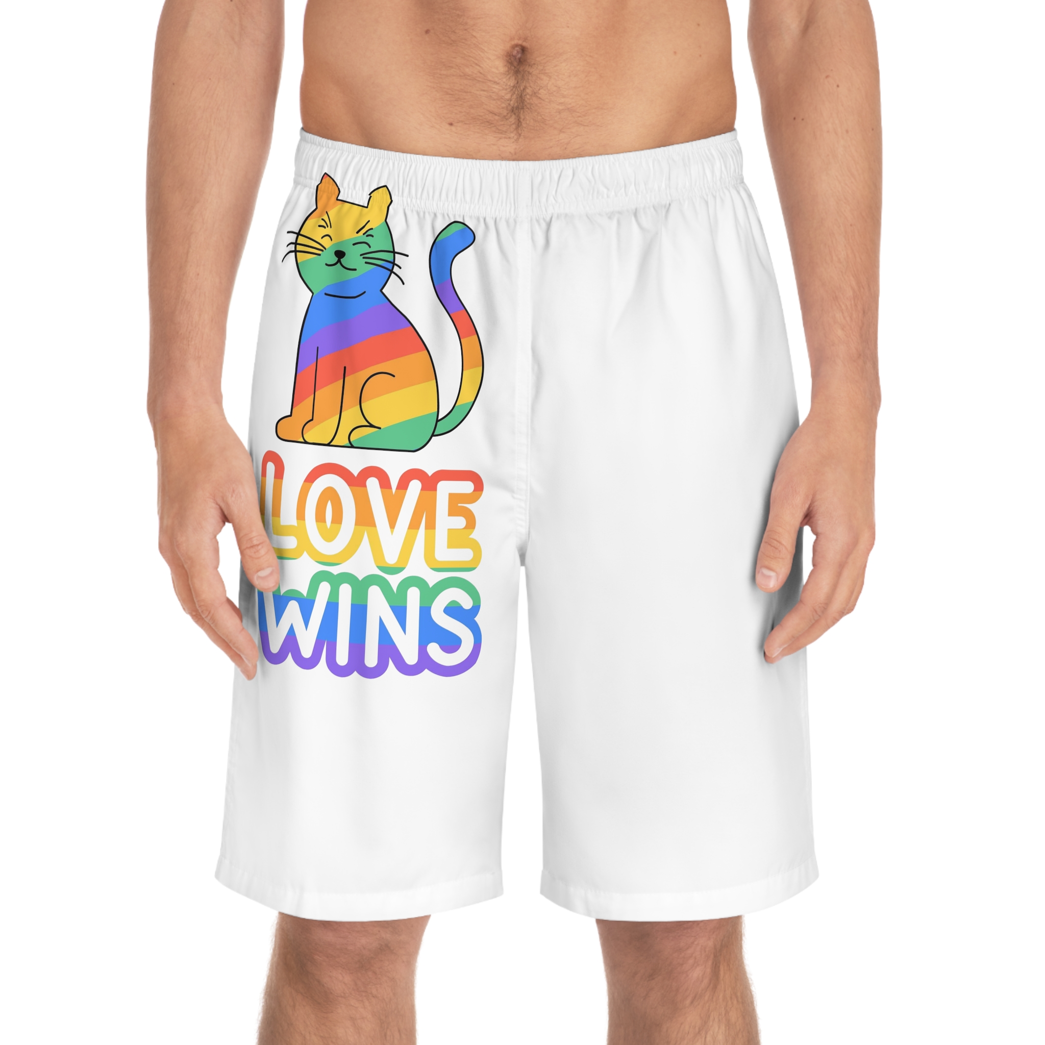 Adorable Rainbowstriped Cat With Love Wins Slogan Playful Colorful Vector Illustration Mens Board Shorts Aop - Image 3