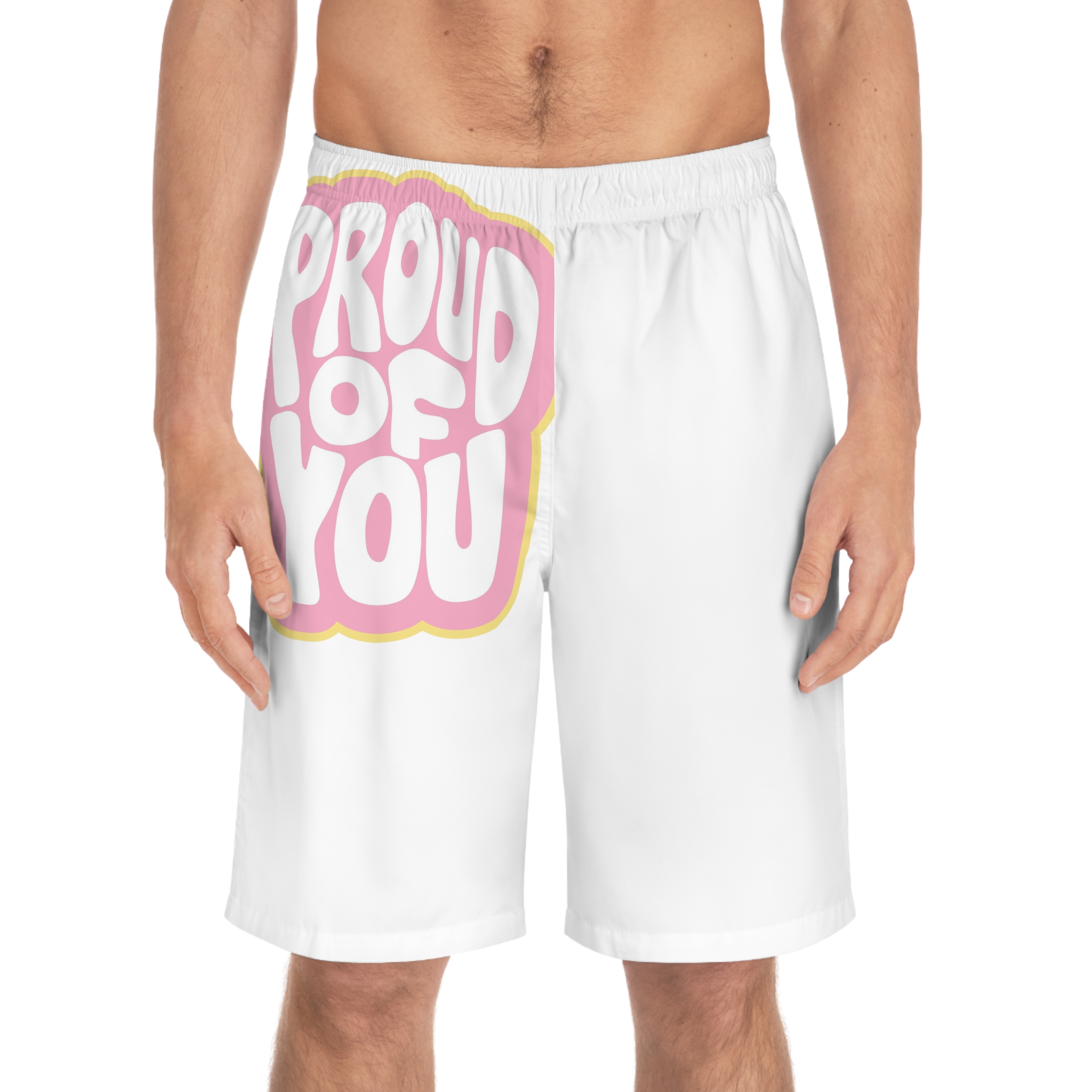Colorful Retro Bubble Letter Typography Sticker Saying Proud You Mens Board Shorts Aop - Image 3