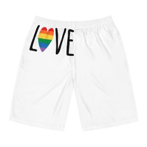 Hand Drawn Love Lgbt Pride Lettering With Rainbow Flag Heart Mens Board Shorts Aop