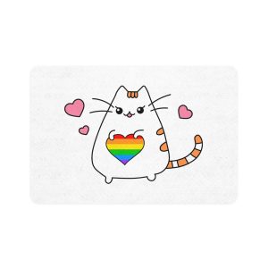 Kawaii Cat With Rainbow Heart Pet Food Mat 12x18