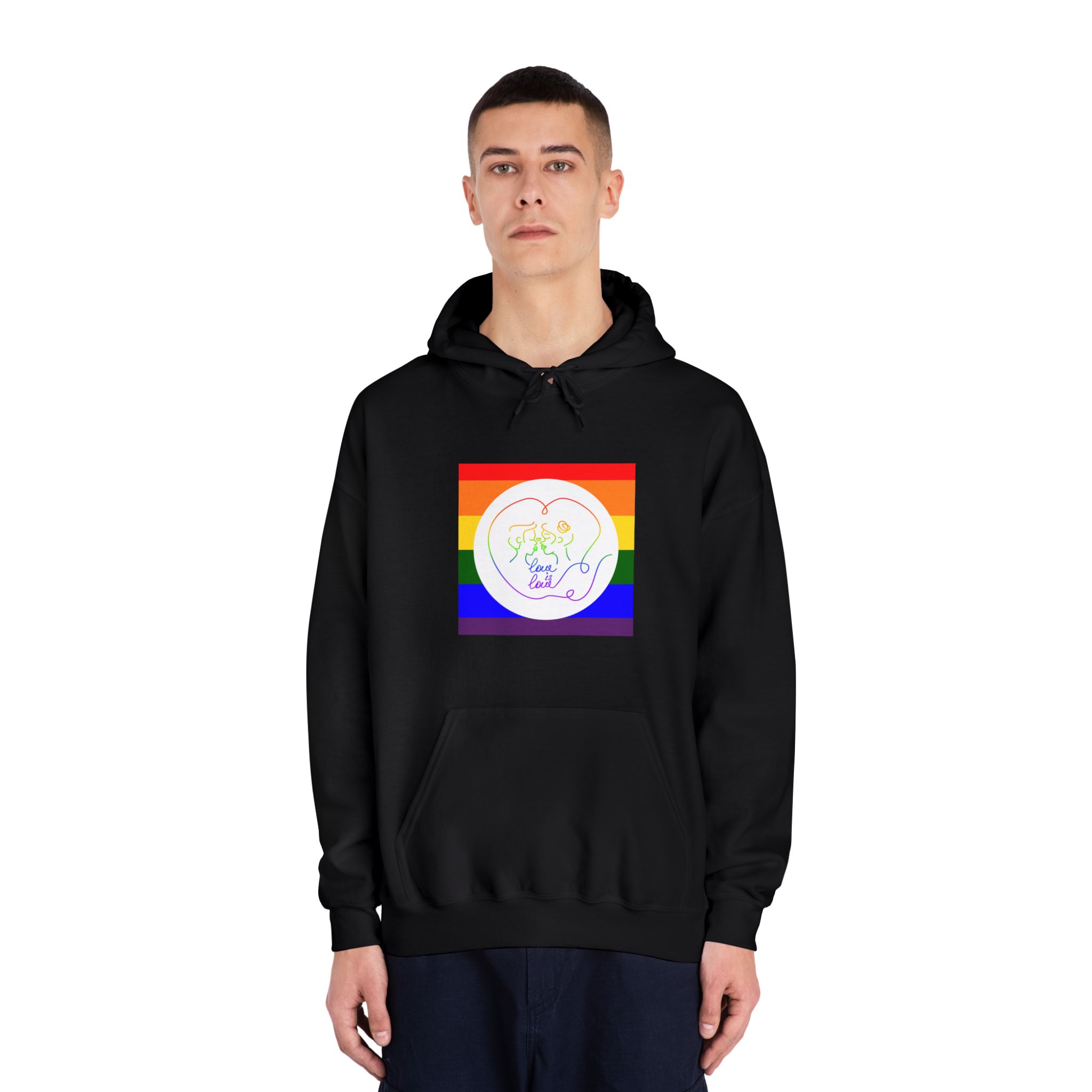 Poster With Kissing Woman Hand Lettering Love Is Love Theme Month Pride Lgbtq Love Background Unisex Dryblend Hooded Sweatshirt - Image 11