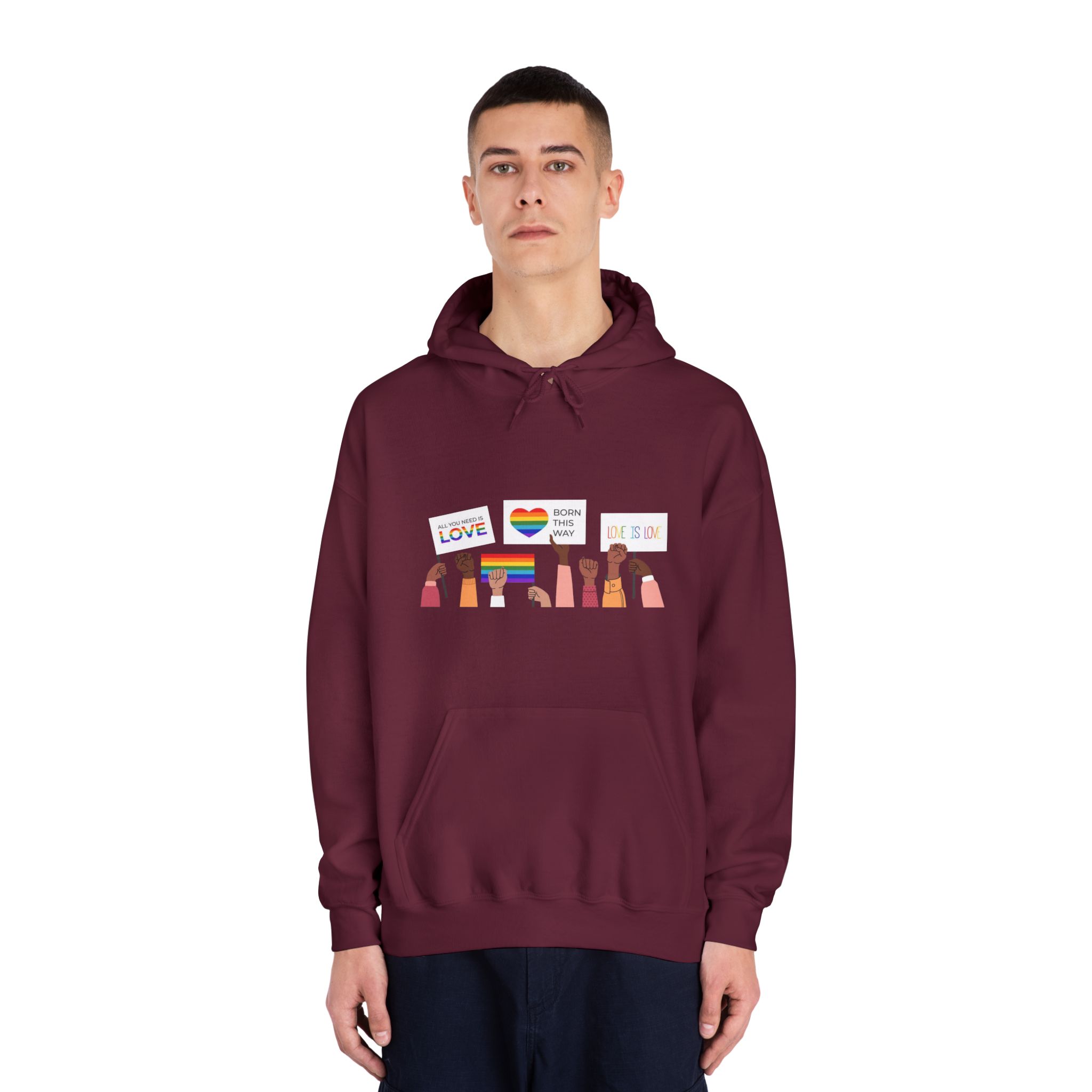People Holding Lgbt Posters Symbols Signs Flags With Rainbows Pride Month Human Rights Love Is Love Unisex Dryblend Hooded Sweatshirt - Image 19