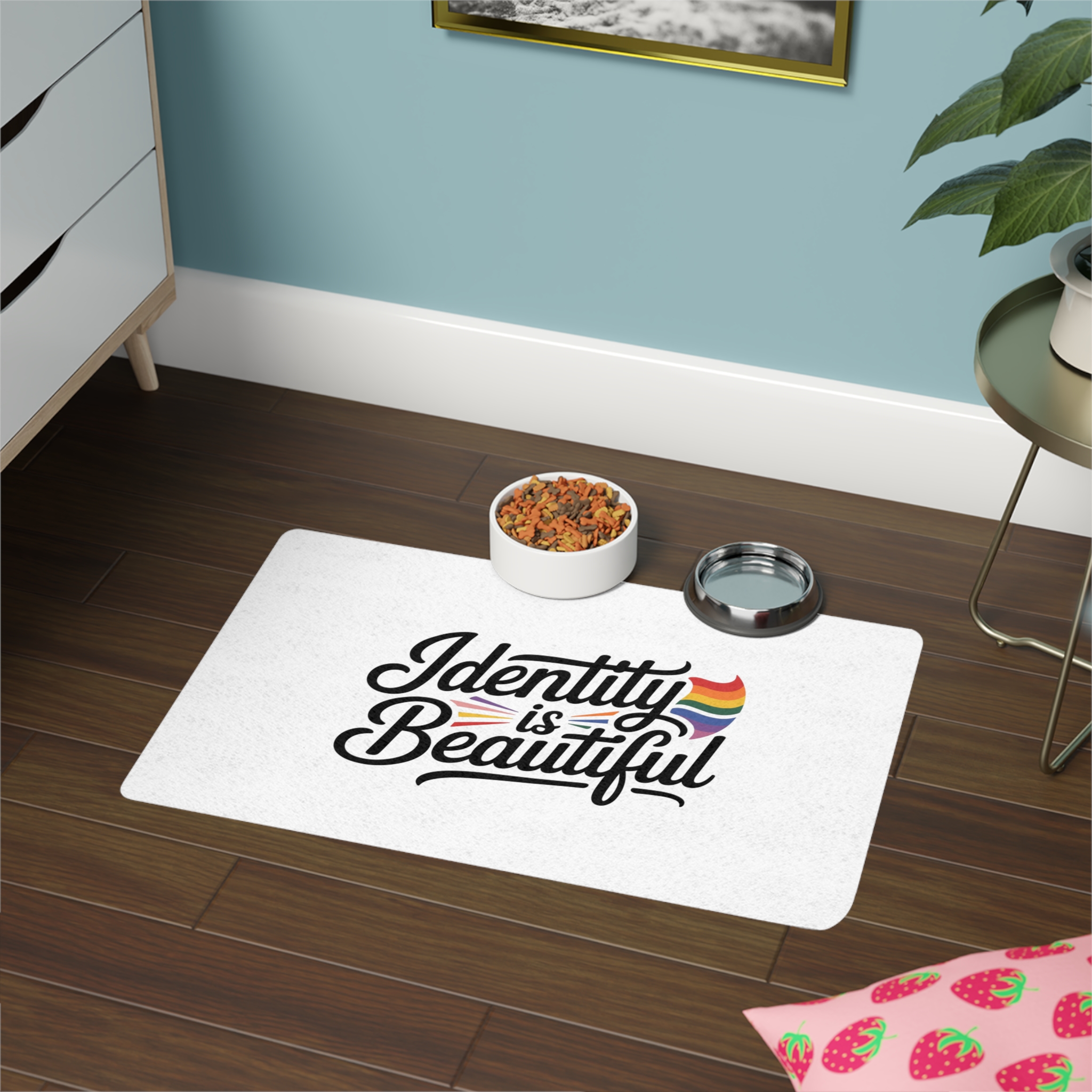 Identity Is Beautiful T Shirt Design Isolated White Background Pet Food Mat 12x18 - Image 4