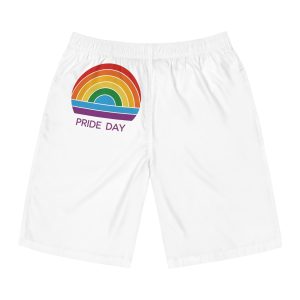 Rainbow Pride Day Celebration Logo With Multicolor Arches Text Lgbtq Support Equality Awareness Mens Board Shorts Aop