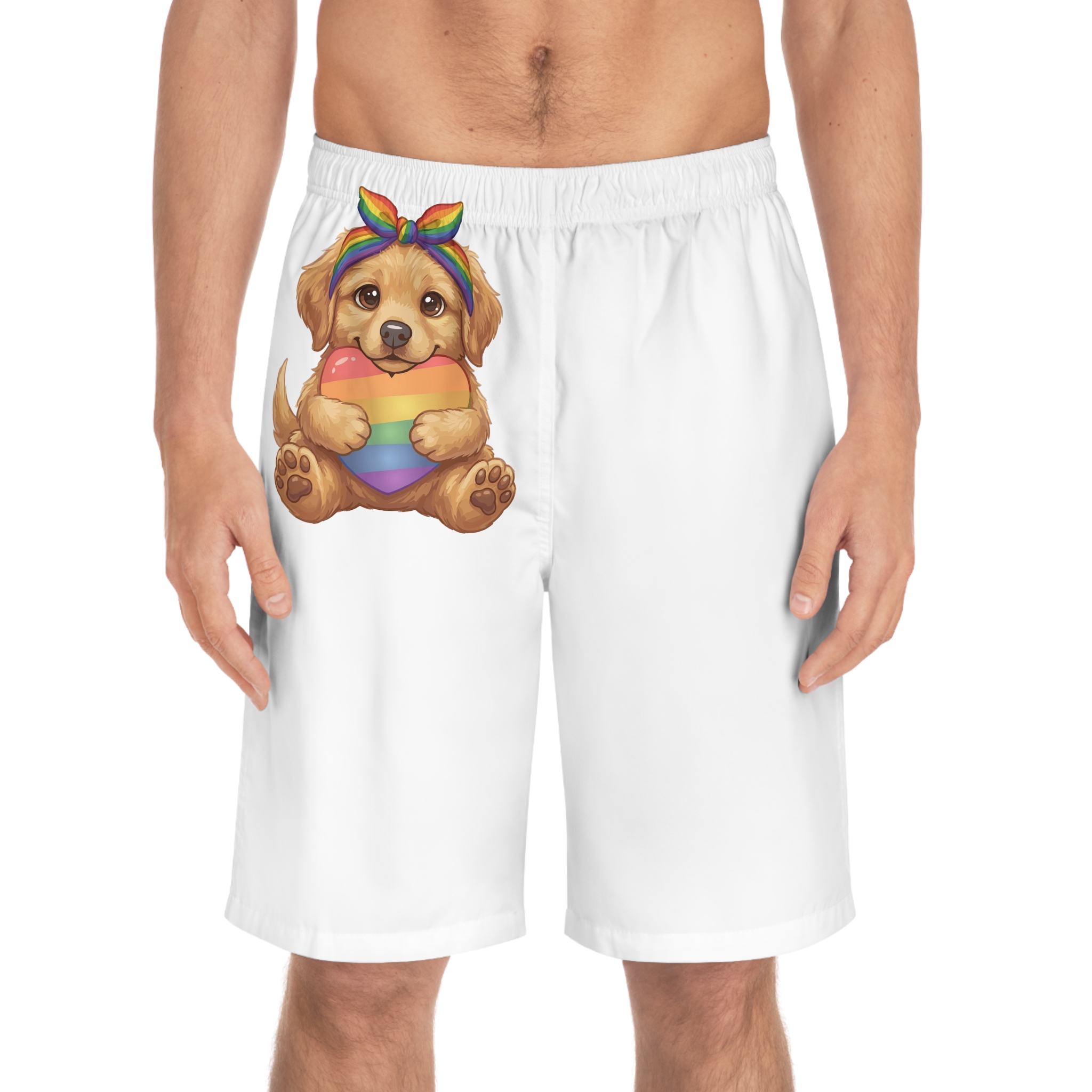 Cute Puppy Holding Rainbow Heart Pride Month Tshirt Design Mens Board Shorts Aop - Image 3