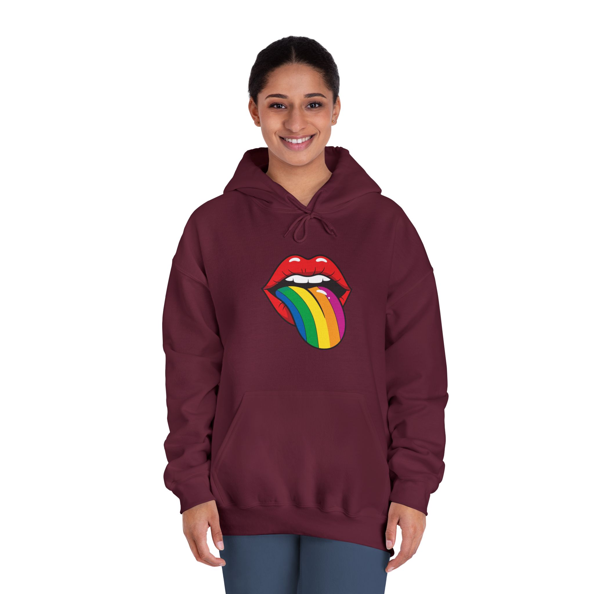 Pop Art Illustration Open Red Lips With Long Colorful Rainbow Tongue Sticking Out Now Unisex Dryblend Hooded Sweatshirt - Image 20
