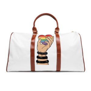 Hand Holding Rainbow Heart Symbolizing Pride Lgbtq Support With Black Wristbands Vector Illustration Waterproof Travel Bag
