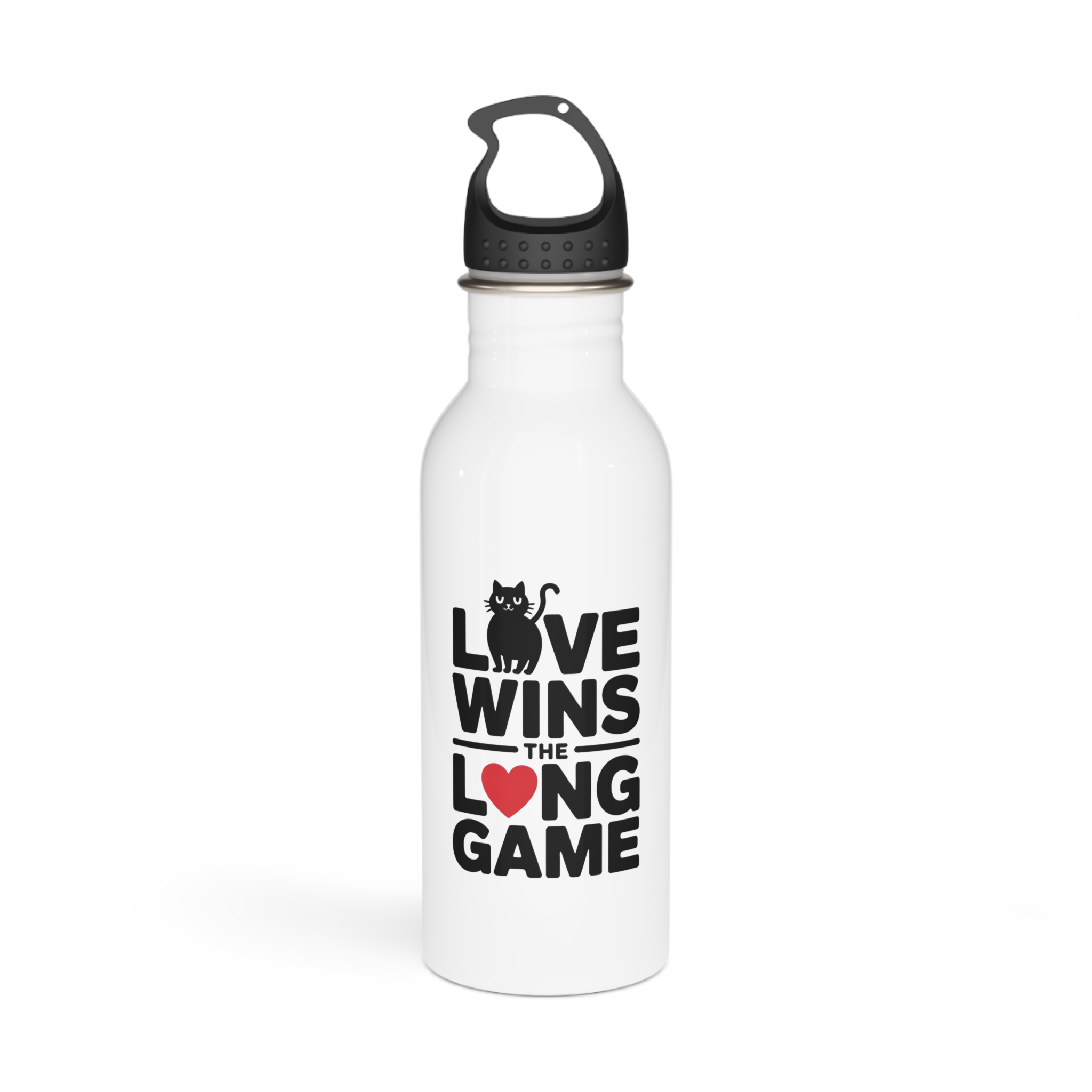 Love Wins Long Game With Black Cat Heart Illustration Stainless Steel Water Bottle