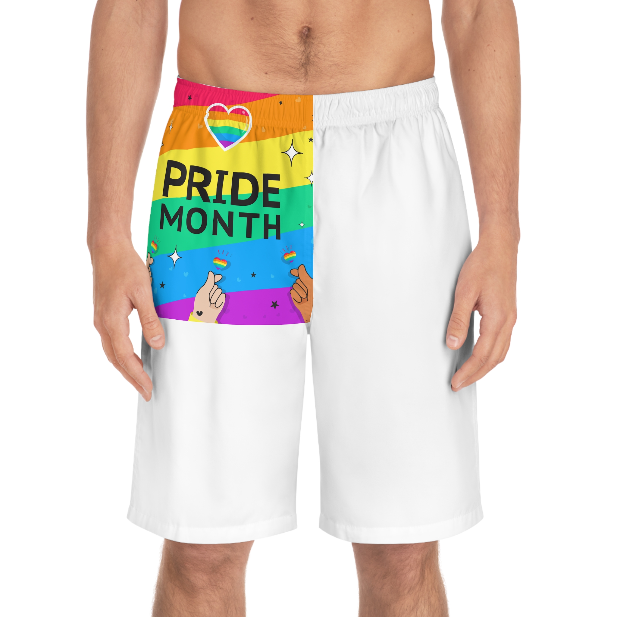 Pride Month Greeting Card Vector Illustration Hand Symbol Mini Heart Rainbow Flag Mens Board Shorts Aop - Image 3