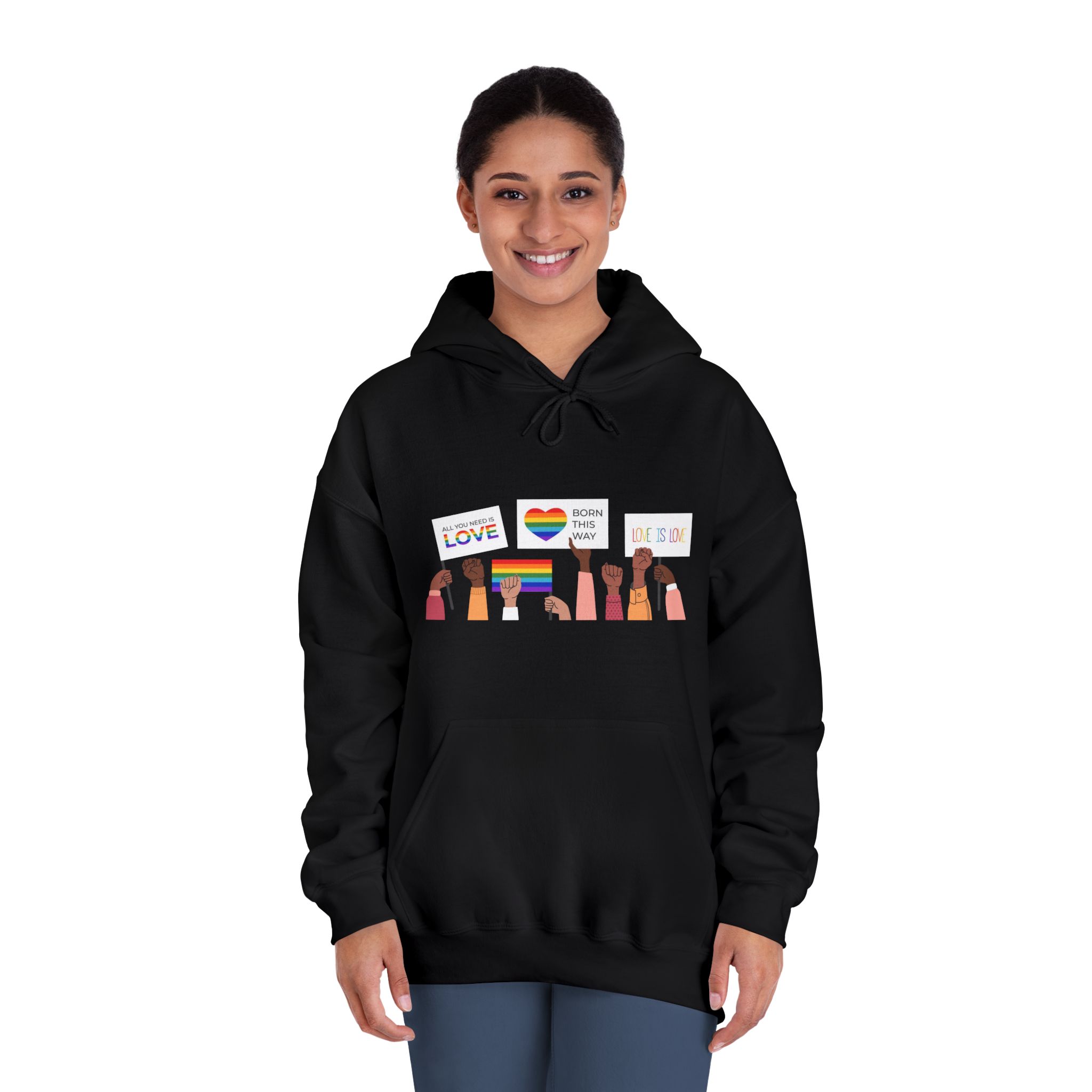 People Holding Lgbt Posters Symbols Signs Flags With Rainbows Pride Month Human Rights Love Is Love Unisex Dryblend Hooded Sweatshirt - Image 12