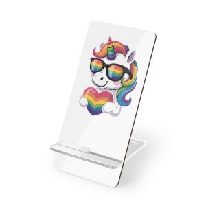 Cute Unicorn With Rainbowcolored Mane Tail Is Wearing Black Sunglassesnbow Stripes Mobile Display Stand For Smartphones