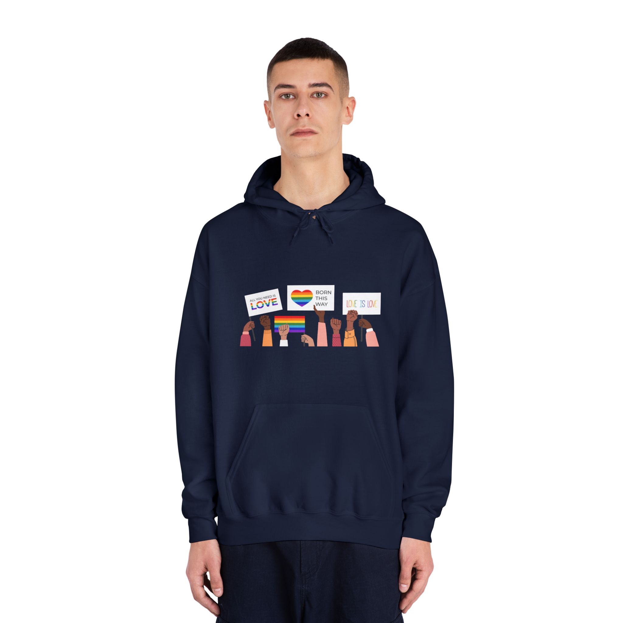 People Holding Lgbt Posters Symbols Signs Flags With Rainbows Pride Month Human Rights Love Is Love Unisex Dryblend Hooded Sweatshirt - Image 31