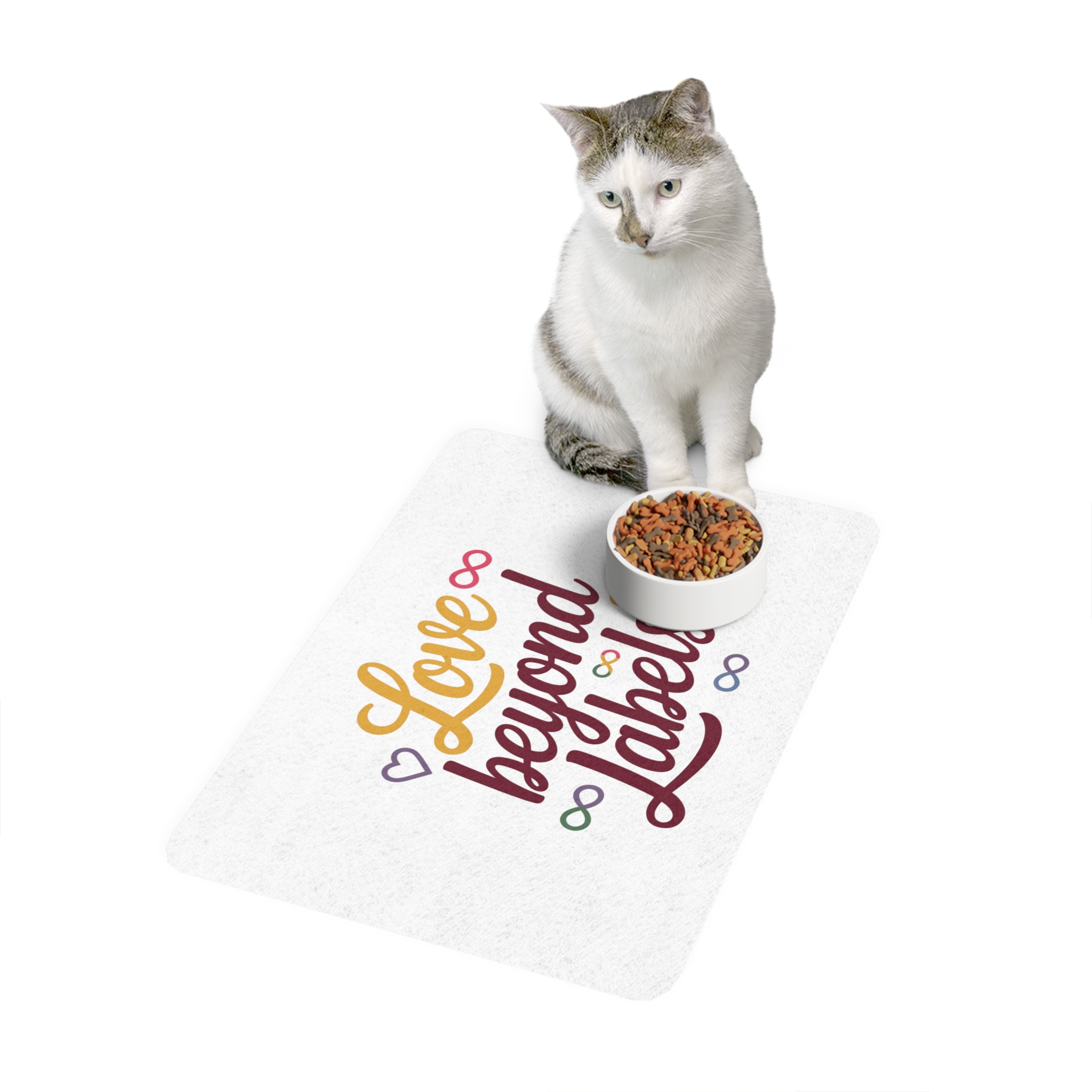 Love Beyond Labels T Shirt Design Isolated White Background Pet Food Mat 12x18 - Image 3