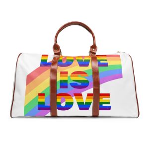 Colorful Rainbow Colors Lgbt Flag Text Love Is Love White Background Poster Banner Waterproof Travel Bag