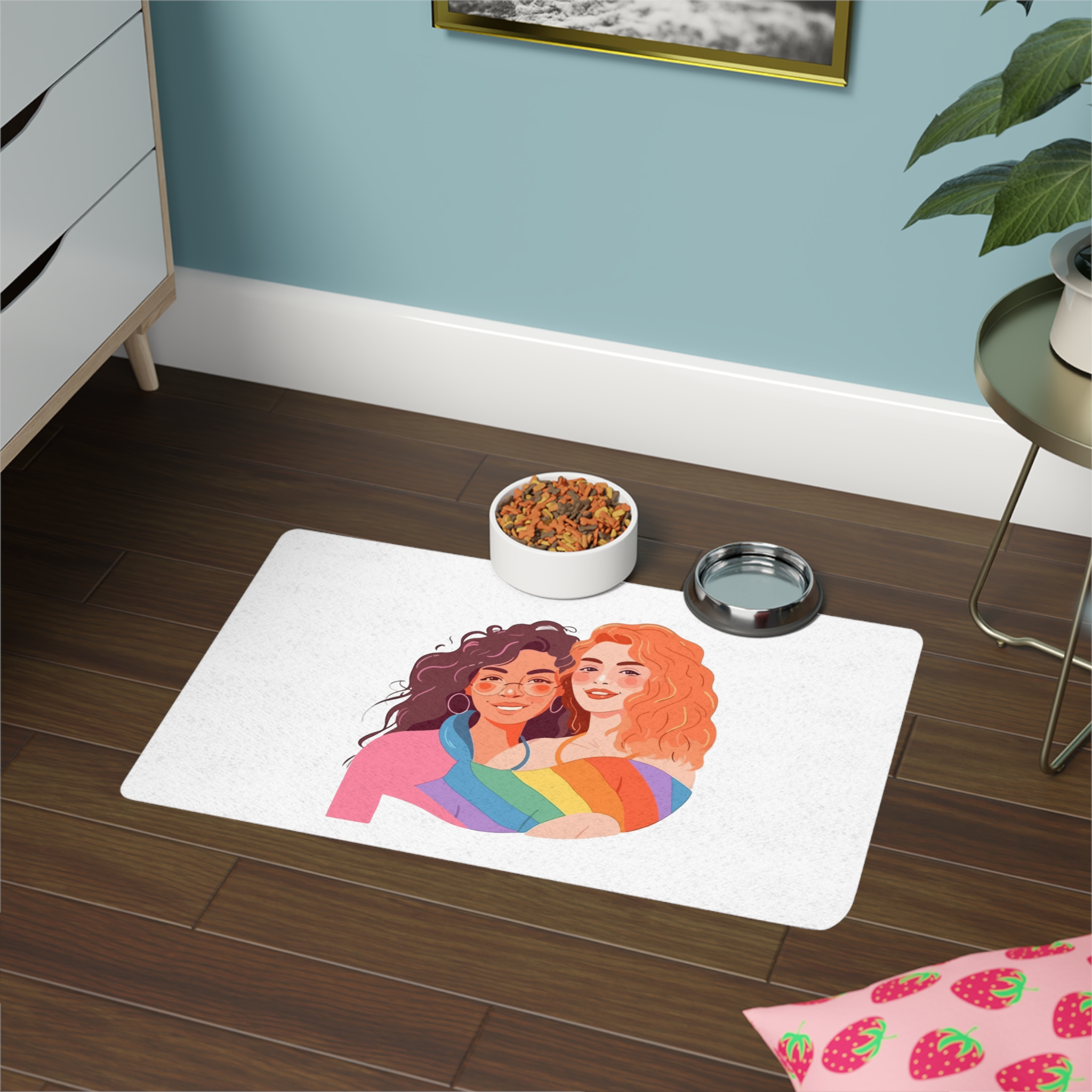 Portrait Lesbian Couple With Rainbow Flag Concept Lgbtq Illustration Couple Pet Food Mat 12x18 - Image 4