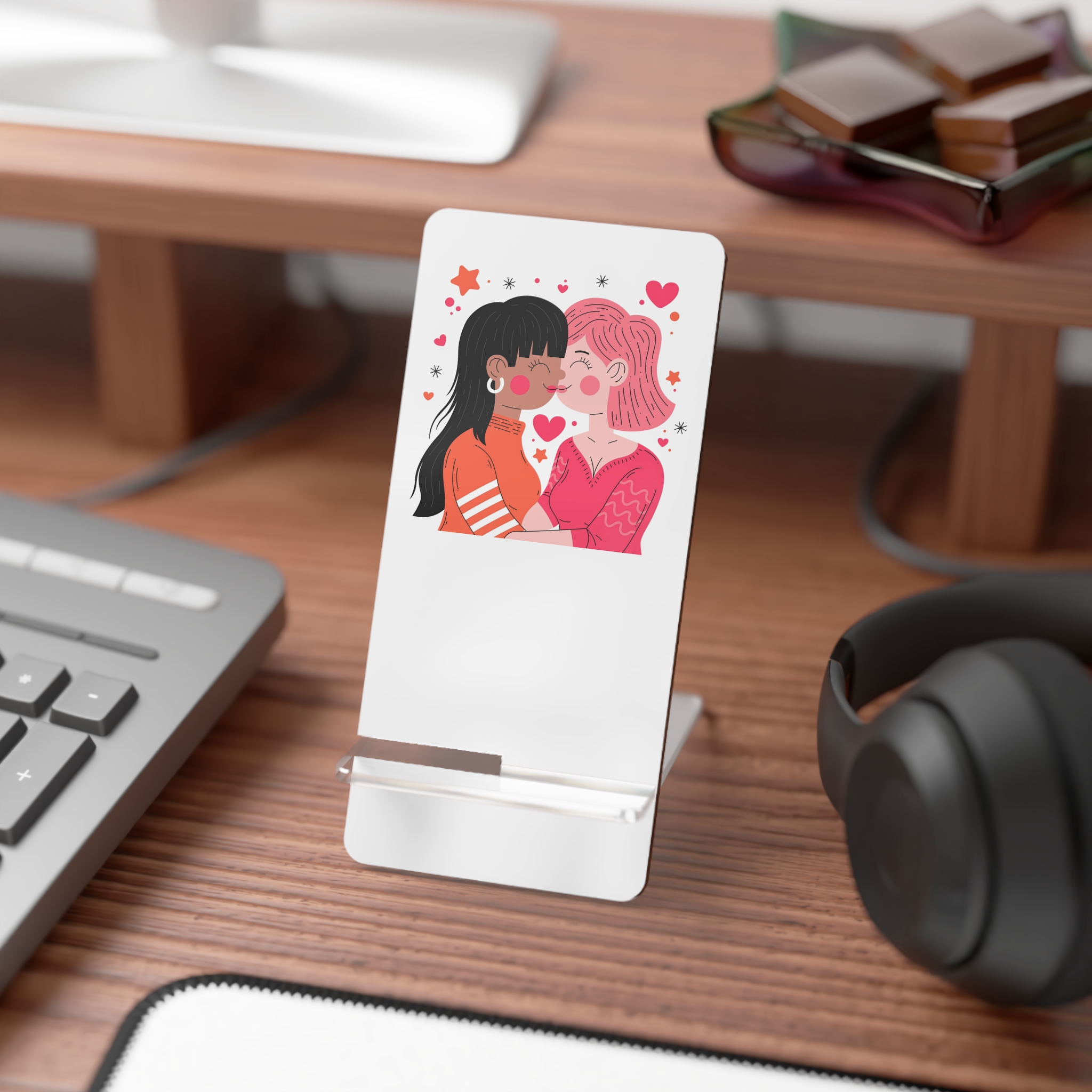 Flat Design Lesbian Couple Kiss Illustration (1) Mobile Display Stand For Smartphones - Image 3