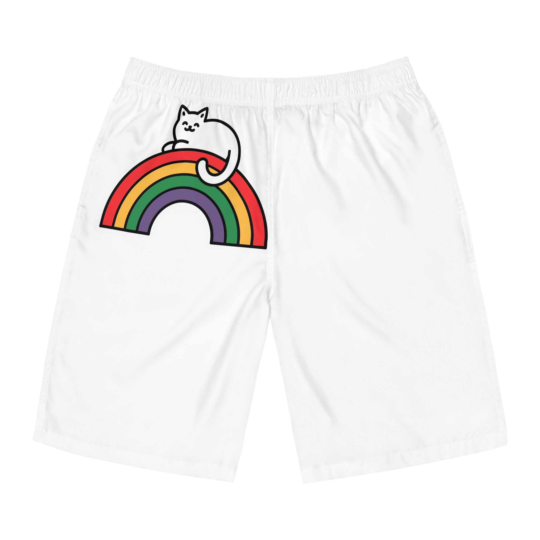 Cartoon Cat Lying Rainbow Illustration With Cheerful Expression Mens Board Shorts Aop