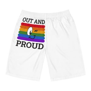 Out Proud Lgbtq Pride Month Quote Book Lover Rainbow Flag Hand Drawn Art White Background Mens Board Shorts Aop