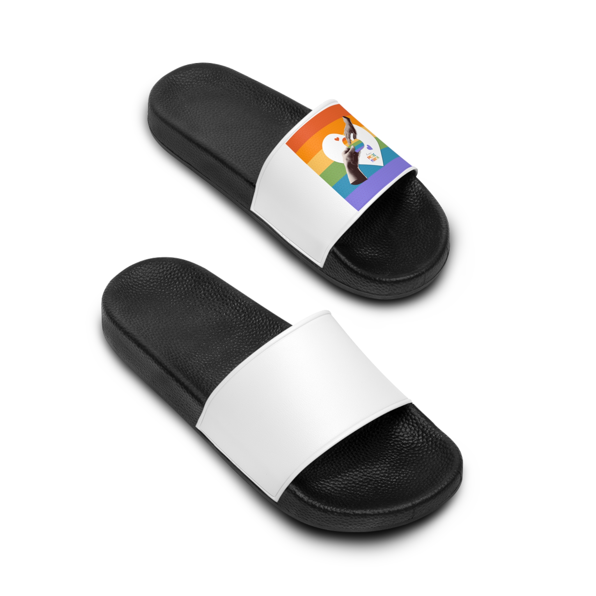 Retro Nostalgic Banner Pride Month Halftone Hands Holding Striped Heart Vintage Collage With Mens Slide Sandals - Image 4