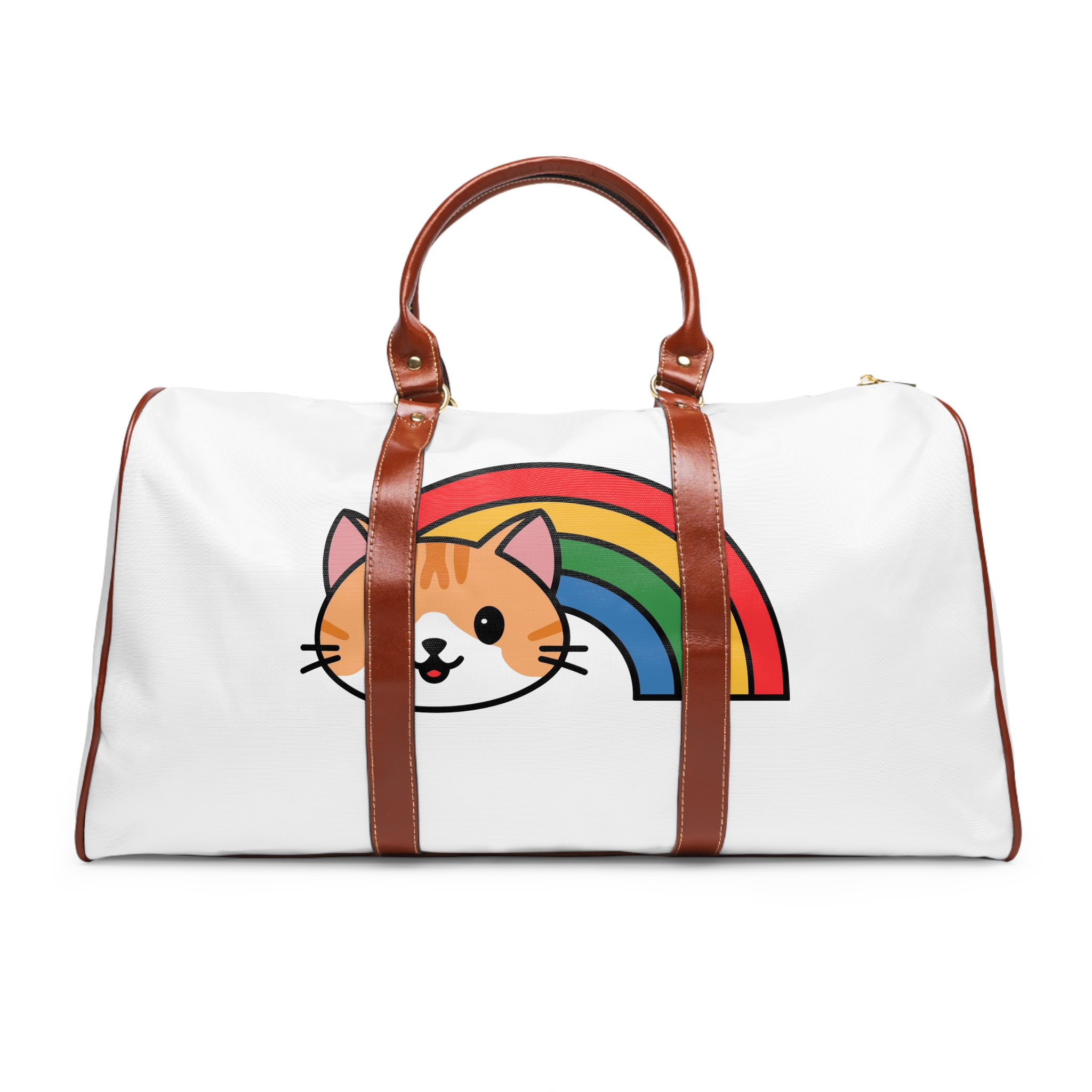 Cartoon Cat Head Illustration With Rainbow Happy Expression1 Waterproof Travel Bag