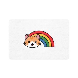 Cartoon Cat Head Illustration With Rainbow Happy Expression Pet Food Mat 12x18