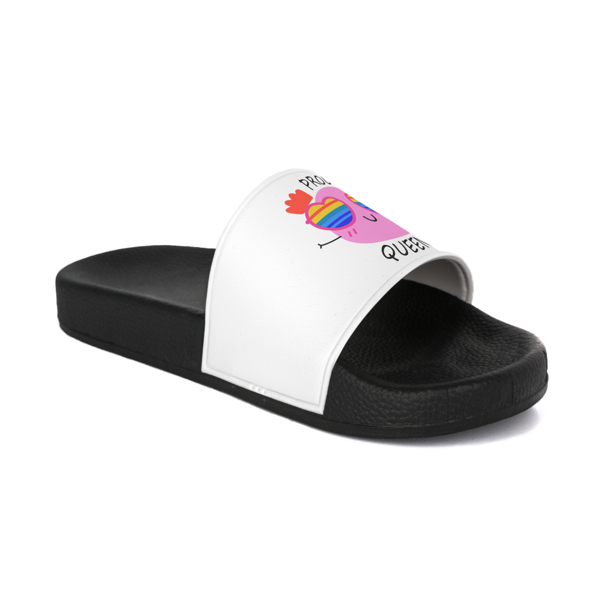 Pink Blob With Rainbow Heart Sunglasses Saying Proud Queen Flat Sticker Mens Slide Sandals - Image 2