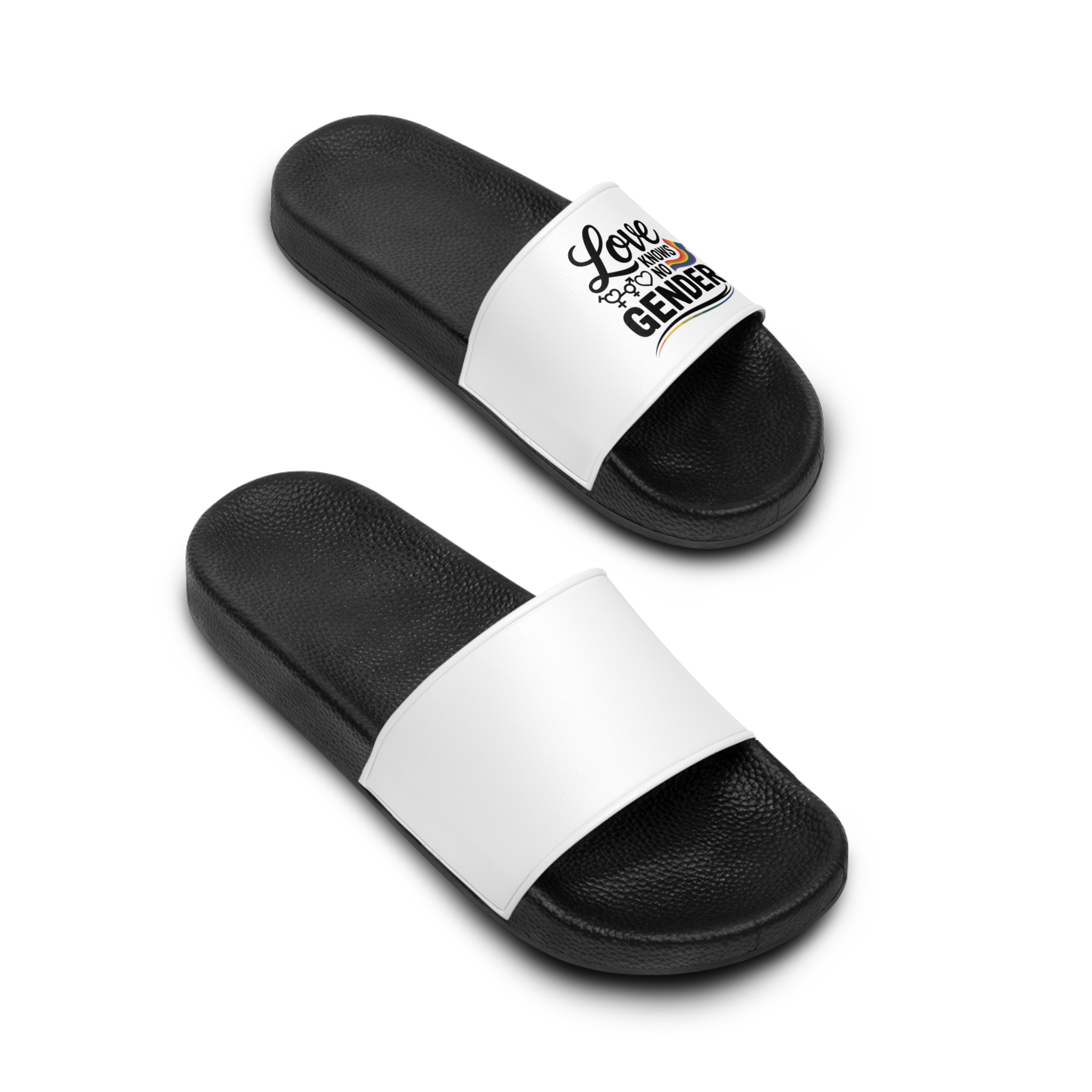 Love Knows No Gender T Shirt Design Isolated White Background Mens Slide Sandals - Image 4