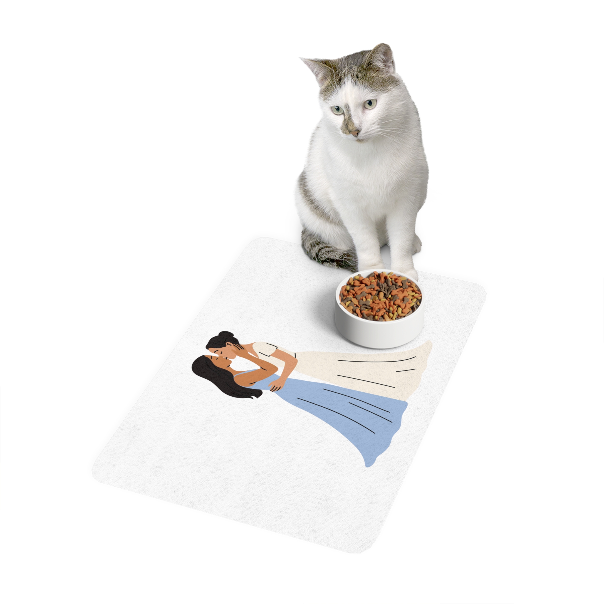 Romantic Lesbian Couple Kissing Wedding Dresses Pet Food Mat 12x18 - Image 3