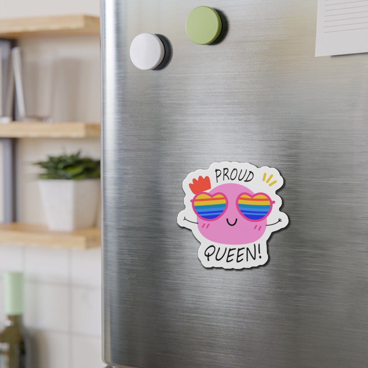Pink Blob With Rainbow Heart Sunglasses Saying Proud Queen Flat Sticker Die Cut Magnets - Image 9