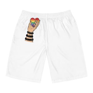 Hand Holding Rainbow Heart Symbolizing Pride Lgbtq Support With Black Wristbands Vector Illustration Mens Board Shorts Aop