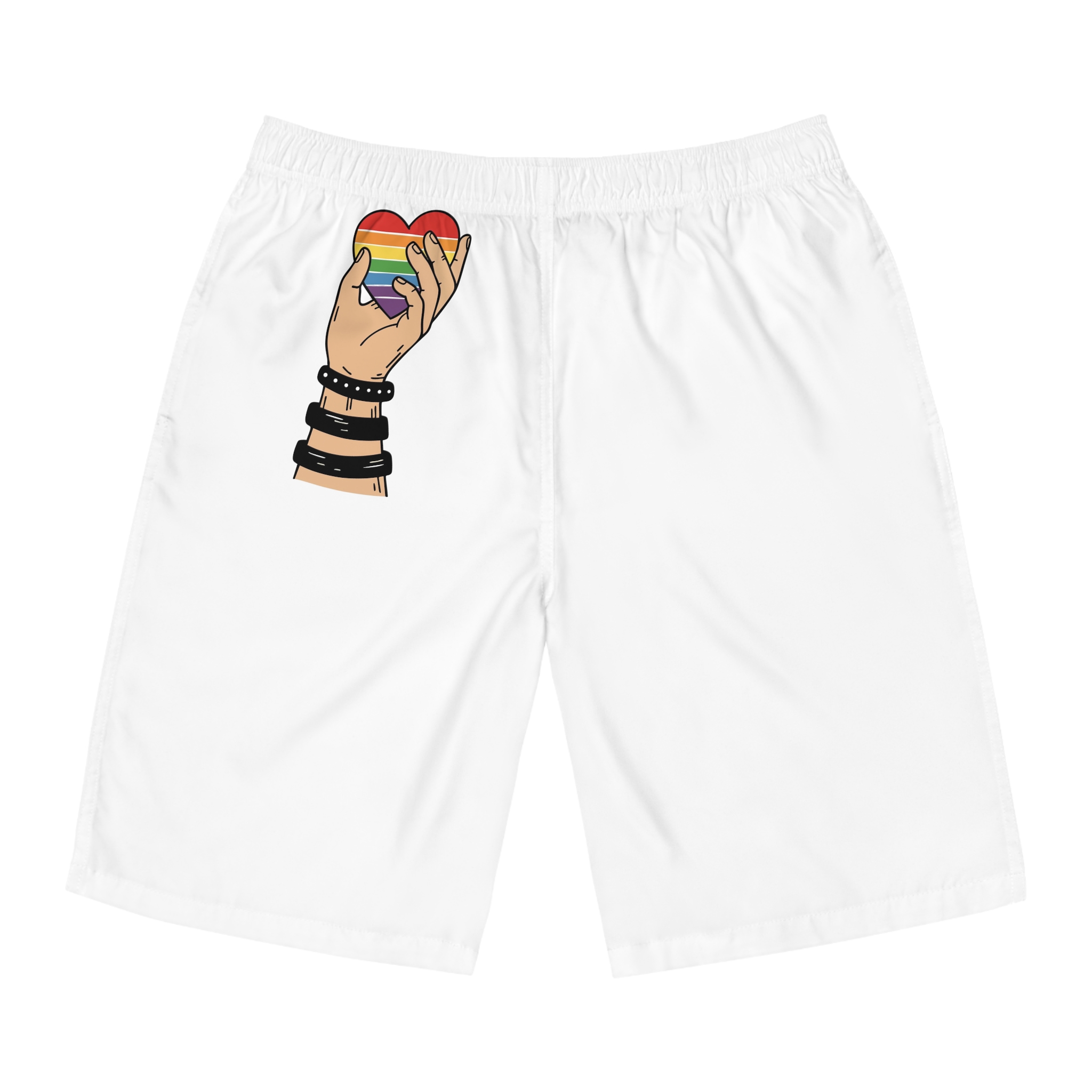 Hand Holding Rainbow Heart Symbolizing Pride Lgbtq Support With Black Wristbands Vector Illustration Mens Board Shorts Aop