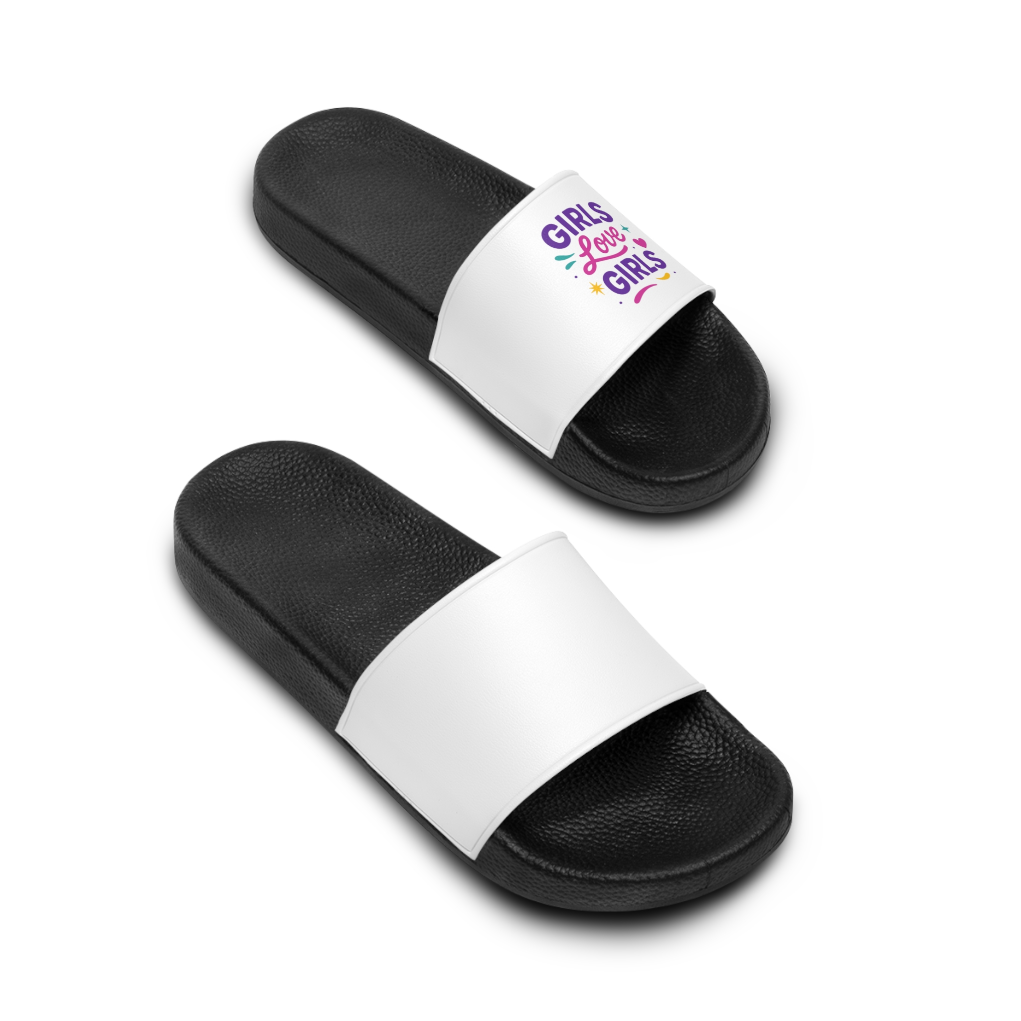 Vibrant Girls Love Girls Vector Illustration Featuring Bold Text Playful Decorative Elements Mens Slide Sandals - Image 4