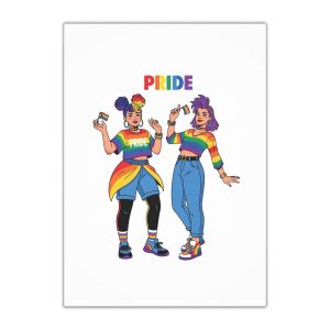 Two Diverse Young Women Celebrate Pride Month With Rainbow Flags Colorful Attire Gift Wrapping Paper Sheets 1pc
