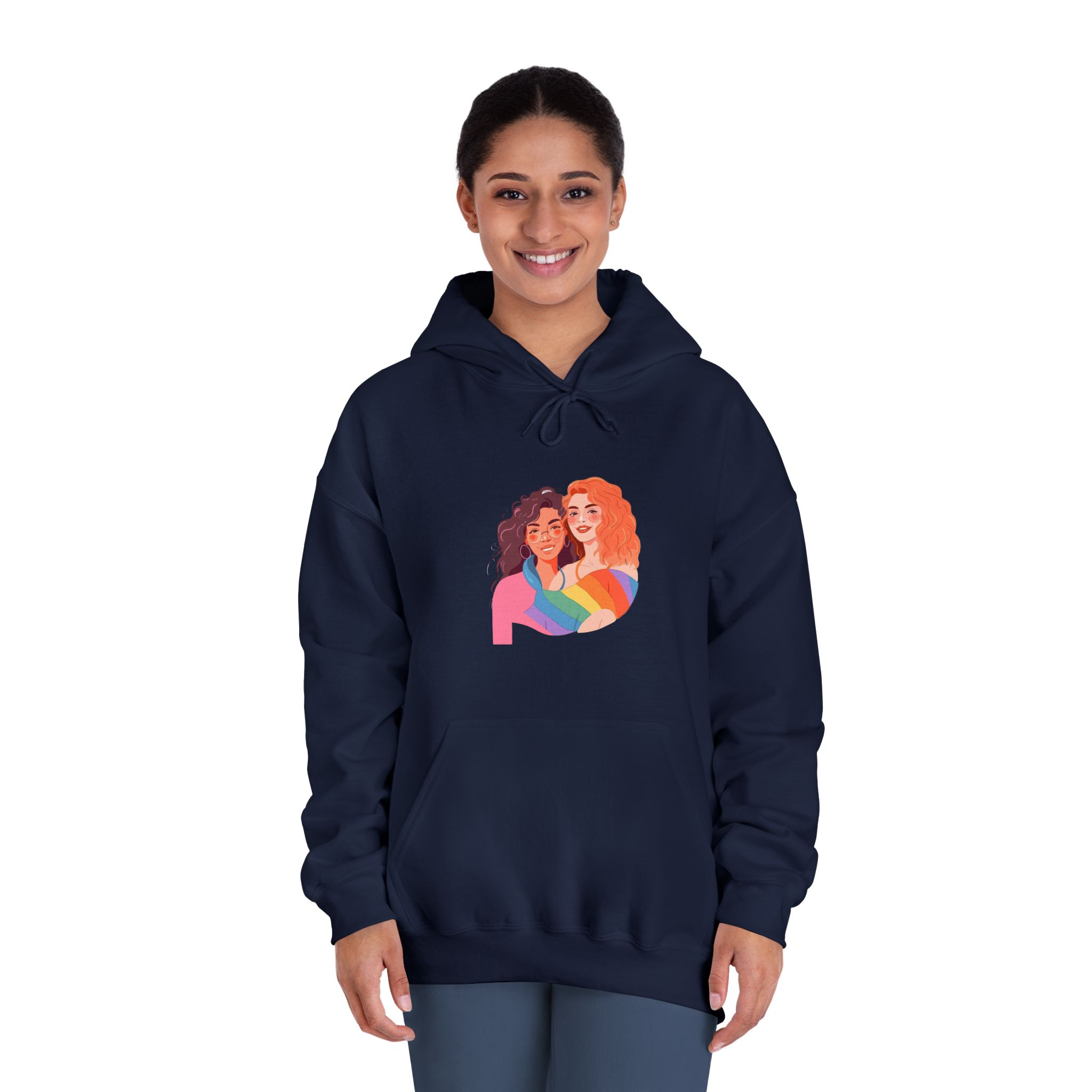Portrait Lesbian Couple With Rainbow Flag Concept Lgbtq Illustration Couple Unisex Dryblend Hooded Sweatshirt - Image 32