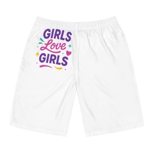 Vibrant Girls Love Girls Vector Illustration Featuring Bold Text Playful Decorative Elements Mens Board Shorts Aop