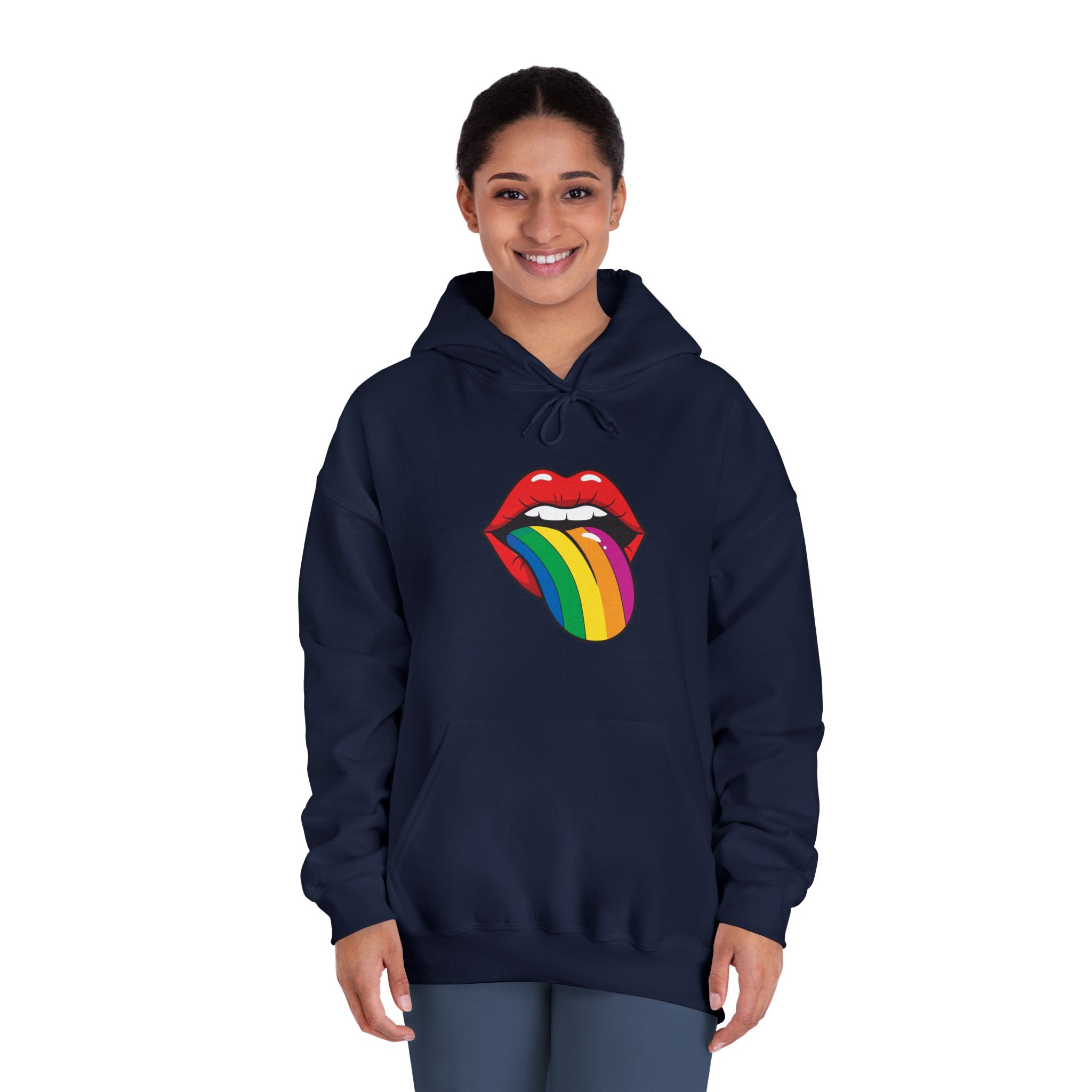 Pop Art Illustration Open Red Lips With Long Colorful Rainbow Tongue Sticking Out Now Unisex Dryblend Hooded Sweatshirt - Image 32