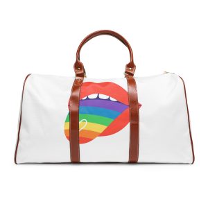 Open Red Lips With Rainbow Tongue Hand Drawn Vector Illustration Waterproof Travel Bag