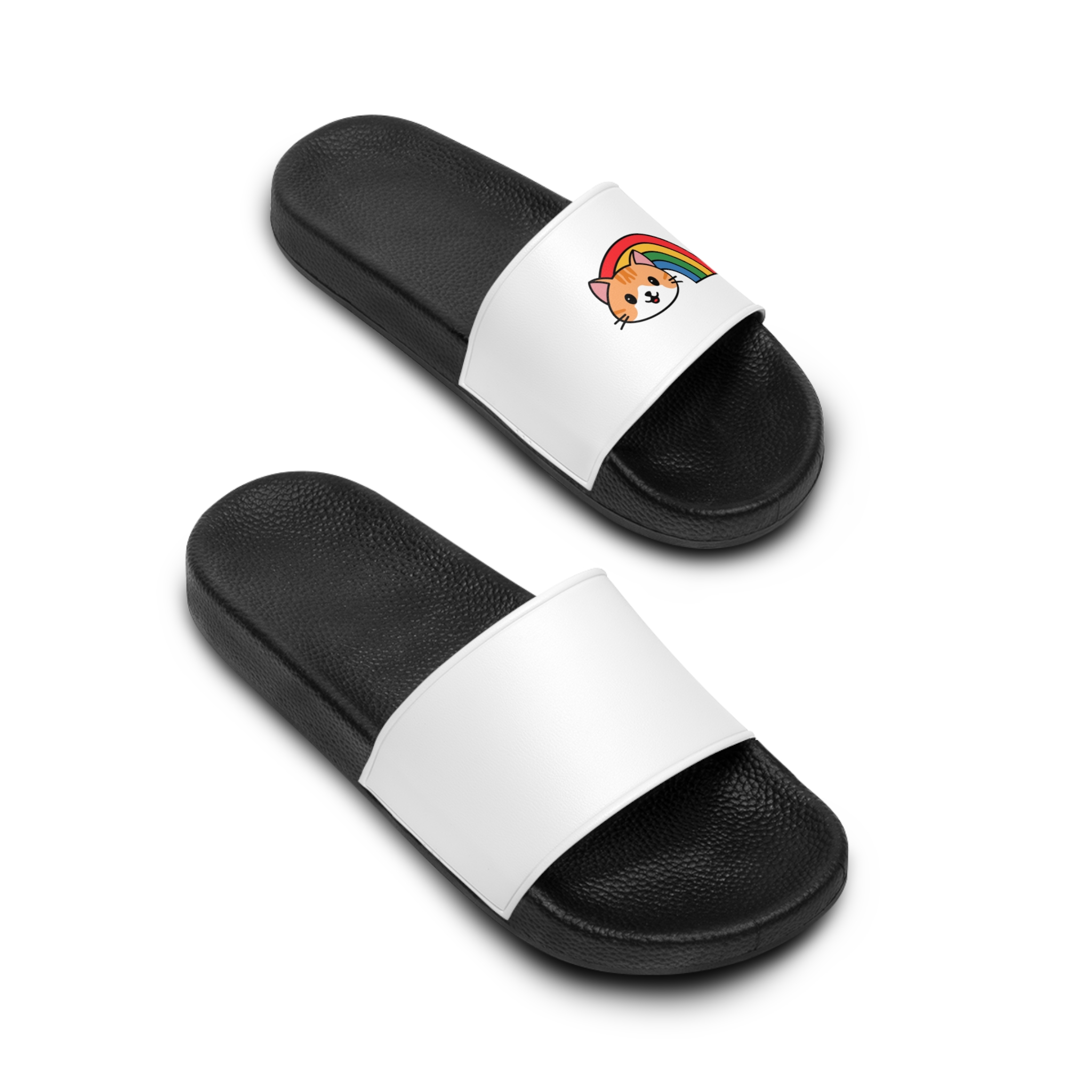 Cartoon Cat Head Illustration With Rainbow Happy Expression Mens Slide Sandals - Image 4