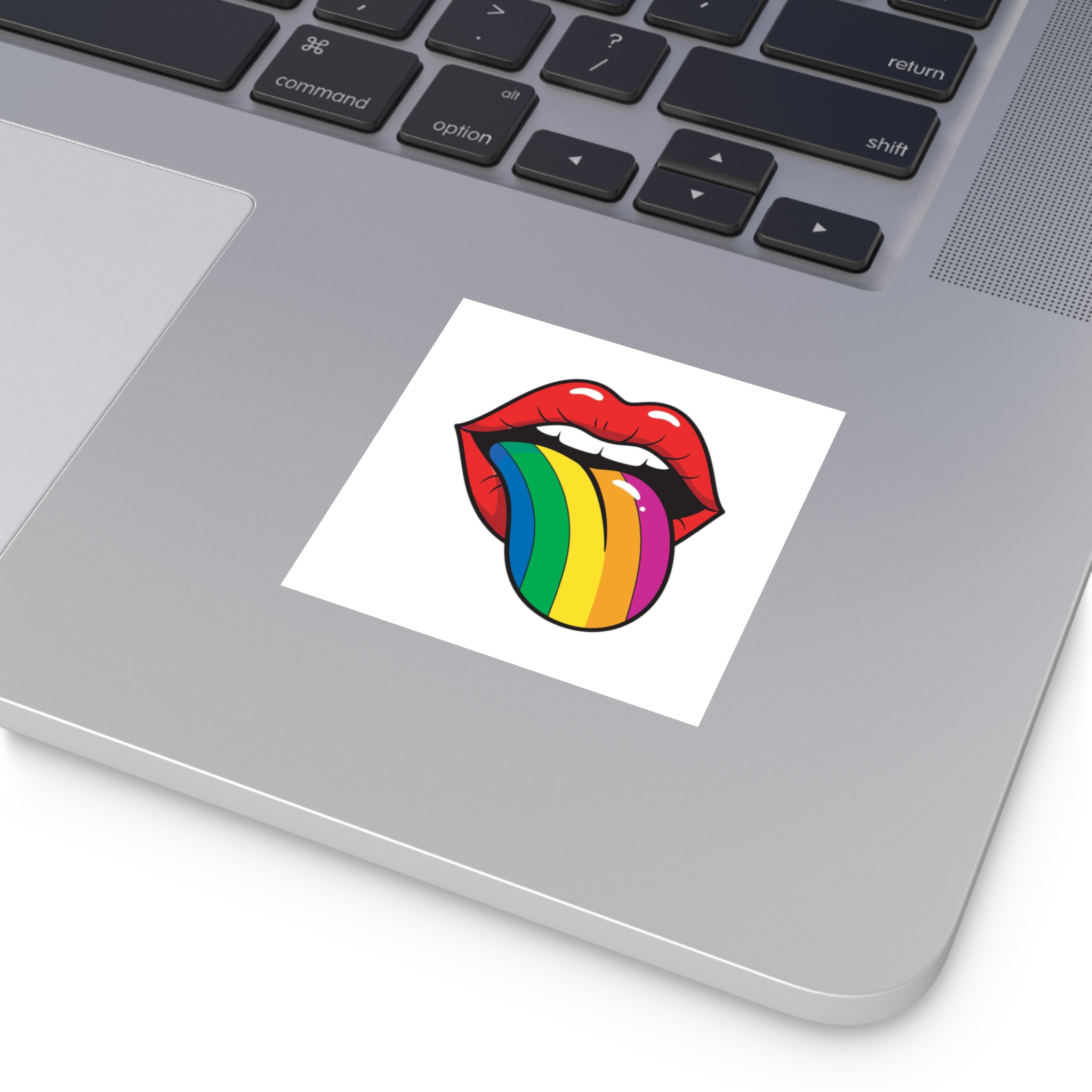 Pop Art Illustration Open Red Lips With Long Colorful Rainbow Tongue Sticking Out Now Laminate Stickers Square - Image 3
