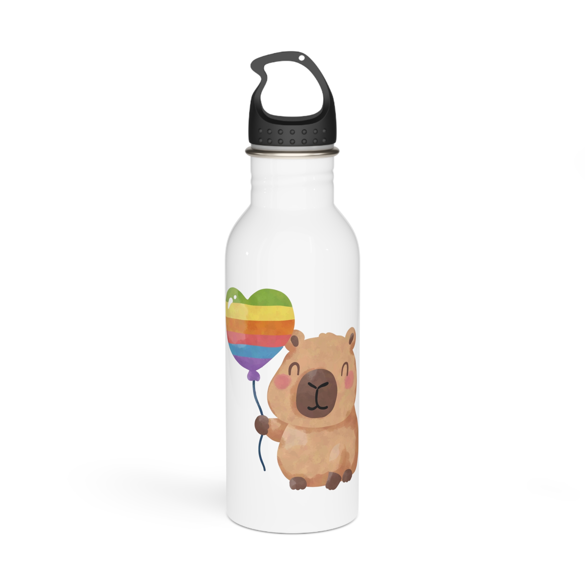Capybara Holding Rainbow Heart Balloon Illustration (1) Stainless Steel Water Bottle