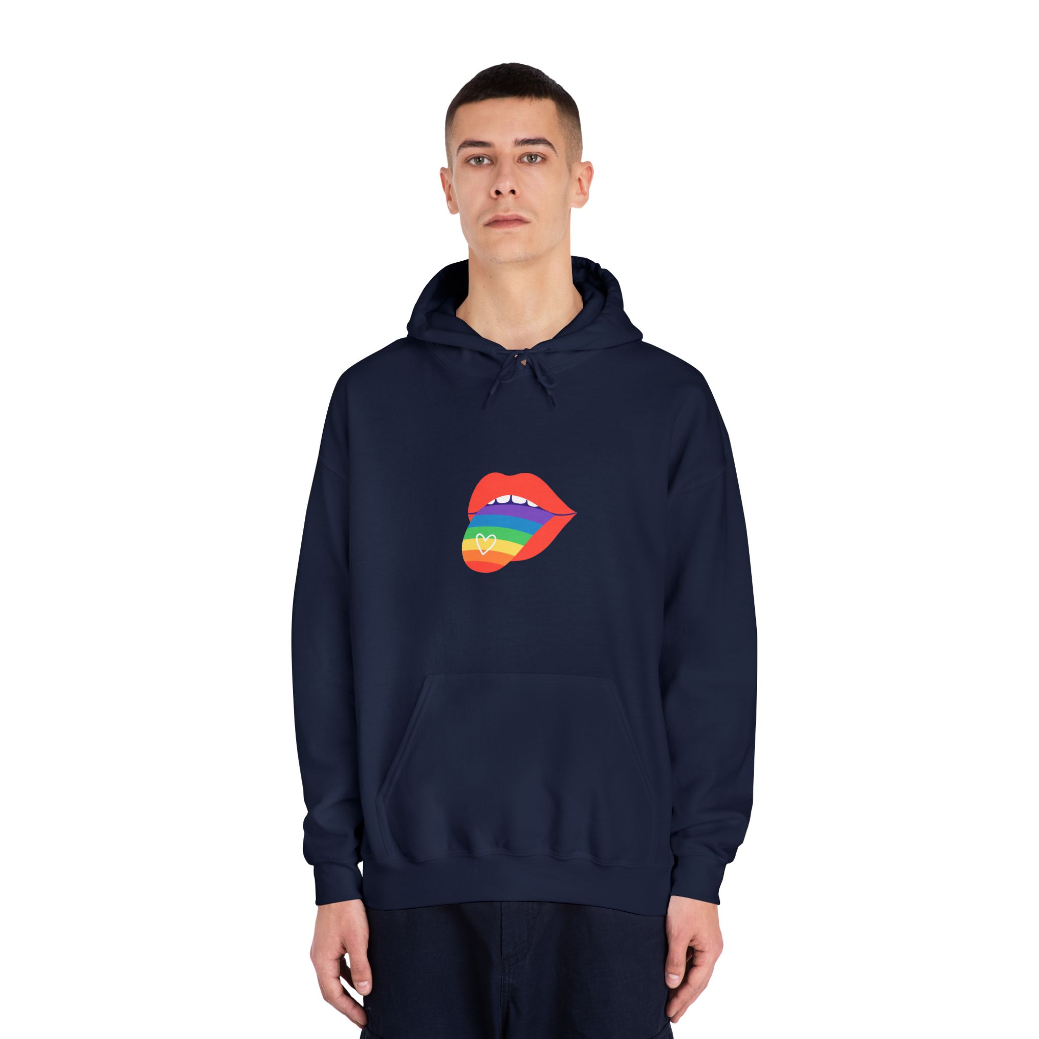 Open Red Lips With Rainbow Tongue Hand Drawn Vector Illustration Unisex Dryblend Hooded Sweatshirt - Image 31