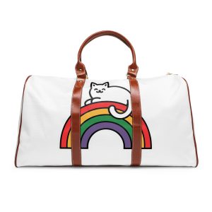 Cartoon Cat Lying Rainbow Illustration With Cheerful Expression Waterproof Travel Bag