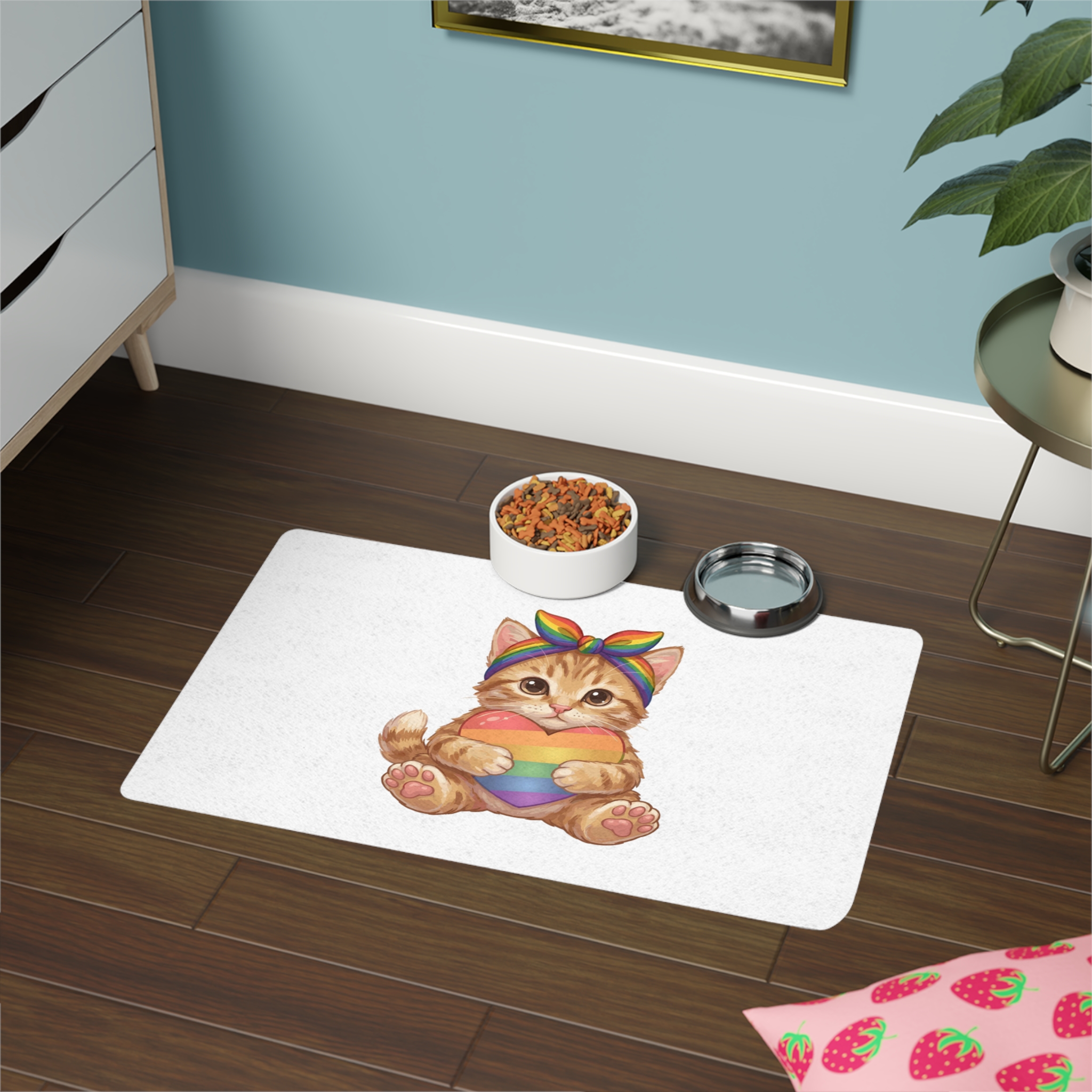 Cute Kitten Holding Rainbow Heart Pride Month Tshirt Design Pet Food Mat 12x18 - Image 4