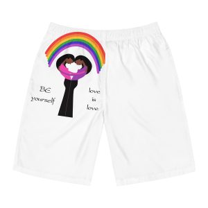 Poster Two Girls Hugging With Rainbow Mens Board Shorts Aop