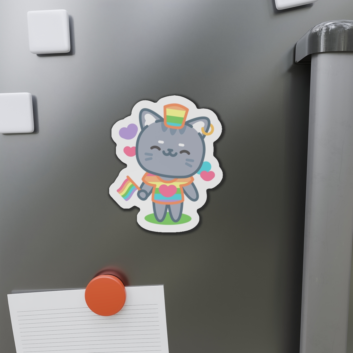 Cute Grey Cat With Rainbow Pride Flag Heart Illustration Die Cut Magnets - Image 11