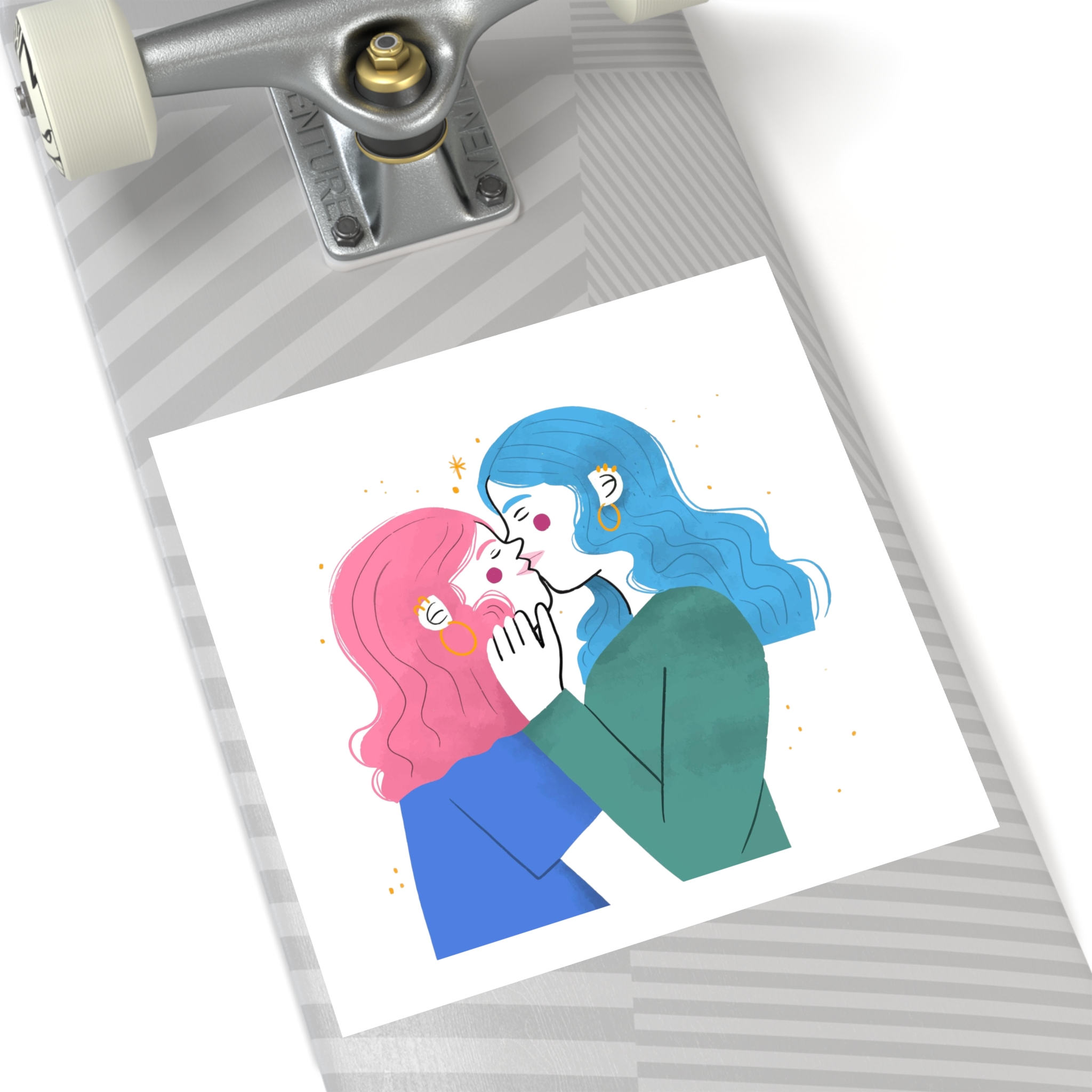 Hand Drawn Lesbian Kiss Illustration Laminate Stickers Square - Image 60