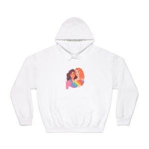 Portrait Lesbian Couple With Rainbow Flag Concept Lgbtq Illustration Couple Unisex Dryblend Hooded Sweatshirt