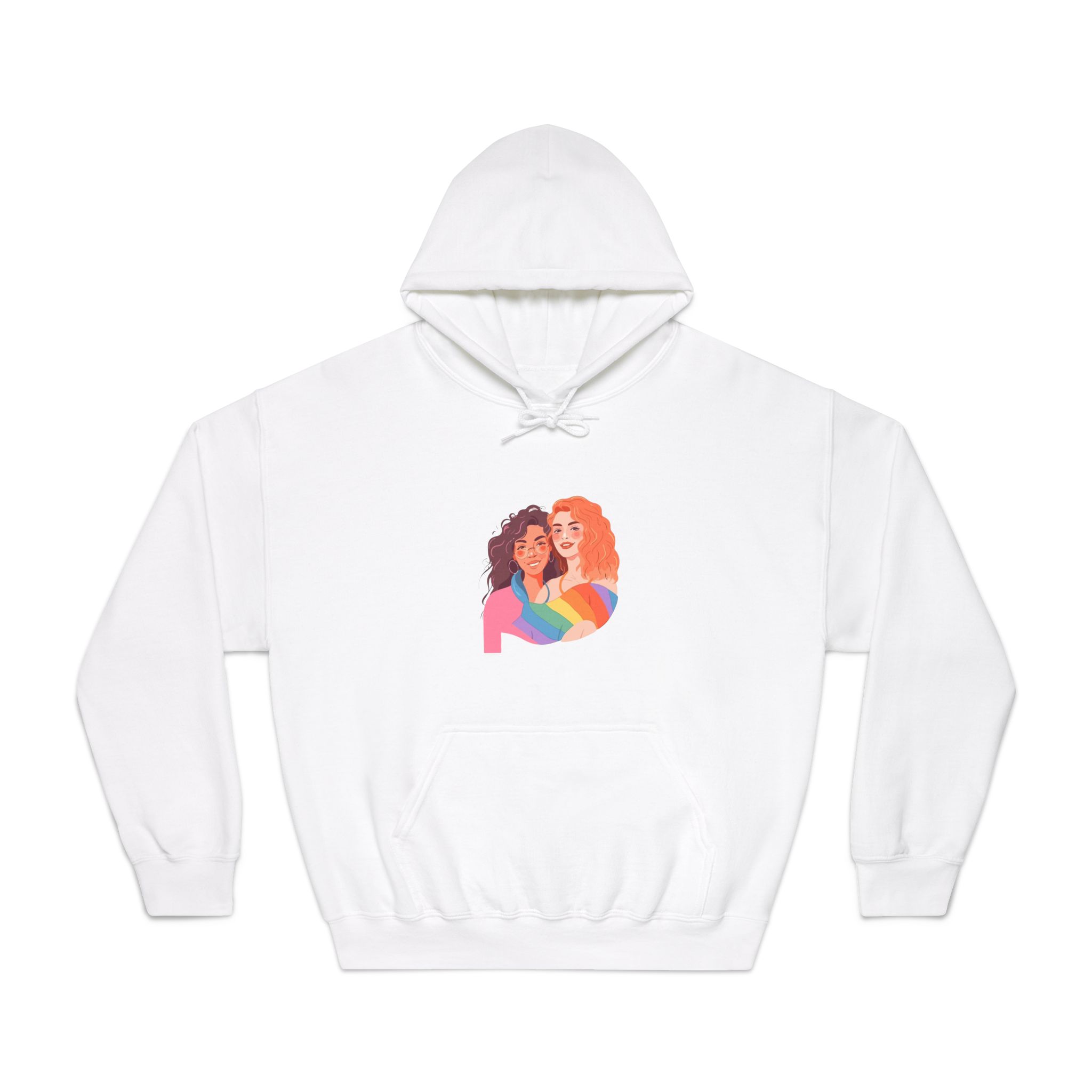 Portrait Lesbian Couple With Rainbow Flag Concept Lgbtq Illustration Couple Unisex Dryblend Hooded Sweatshirt